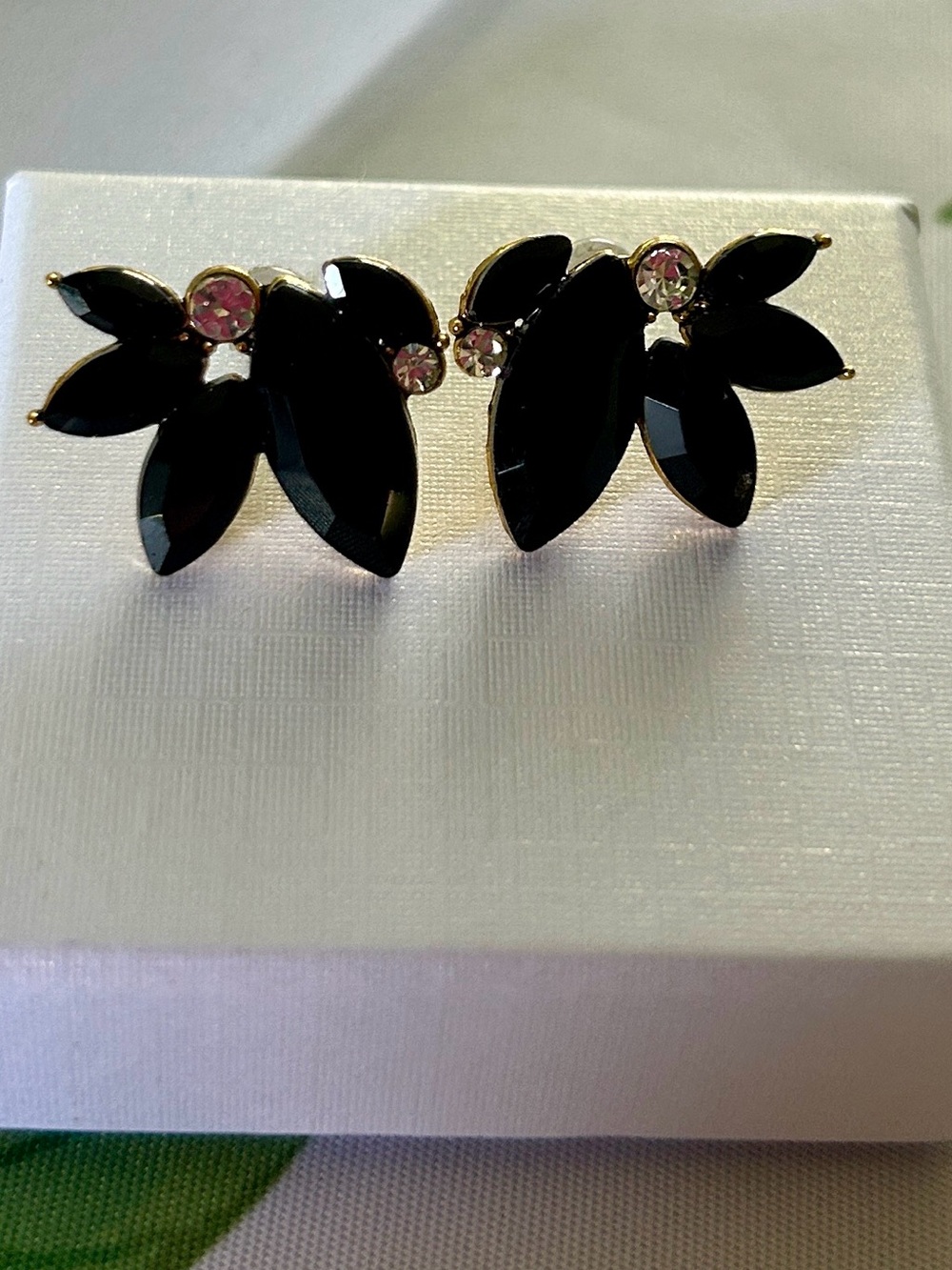 Black Leaf Crystal Stud Earrings with crystal Accents new in box